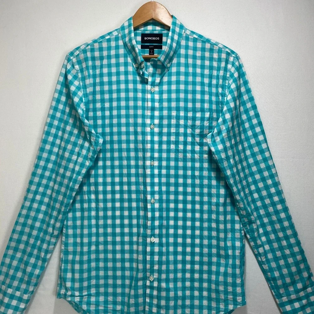 BONOBOS Slim Fit Long Sleeve Men M Long Turquoise Gingham Button Down Shirt - Picture 2 of 9